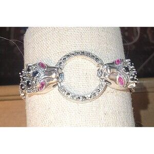 Sterling Silver Ruby Eyes Double Headed Leopard Bracelet Sapphires Marcasite